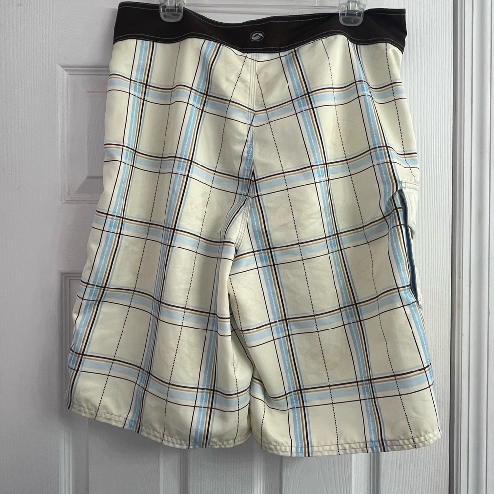 Kirra Men’s Board Shorts Yellow Checkered Pattern Brown Border Drawstring 34 - Picture 10 of 10
